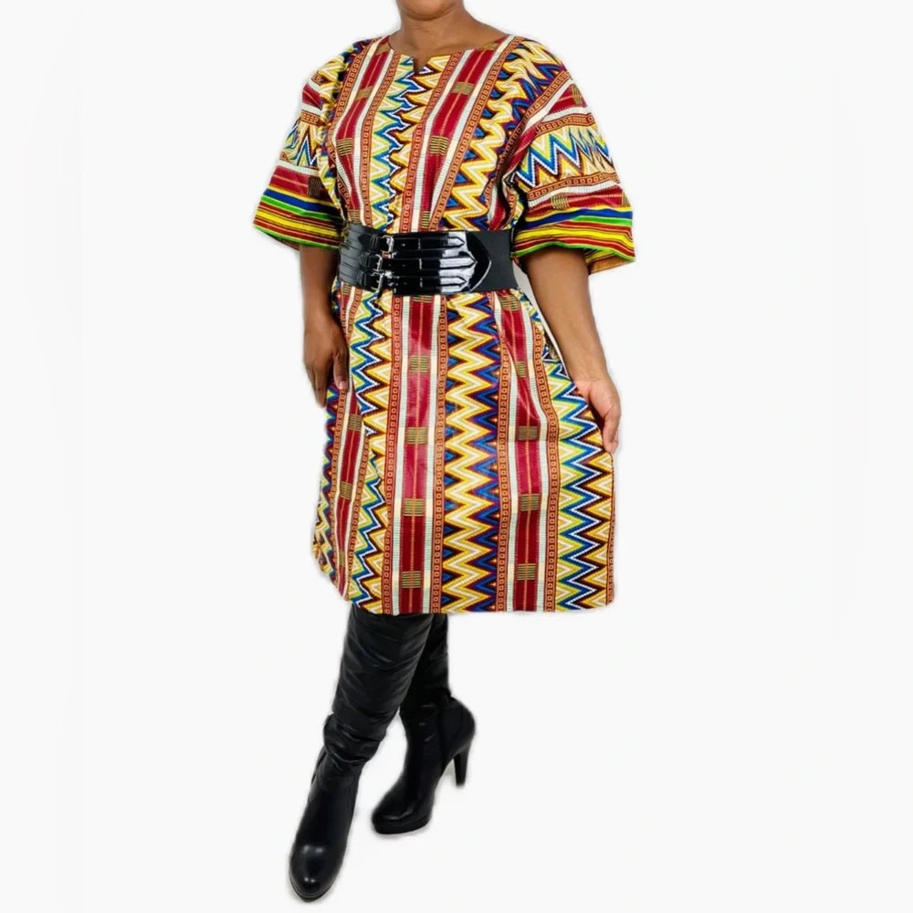 Multicolor Chevron Zigzag Notch Neck Cotton Midi Shirt Handmade Kaftan Dress